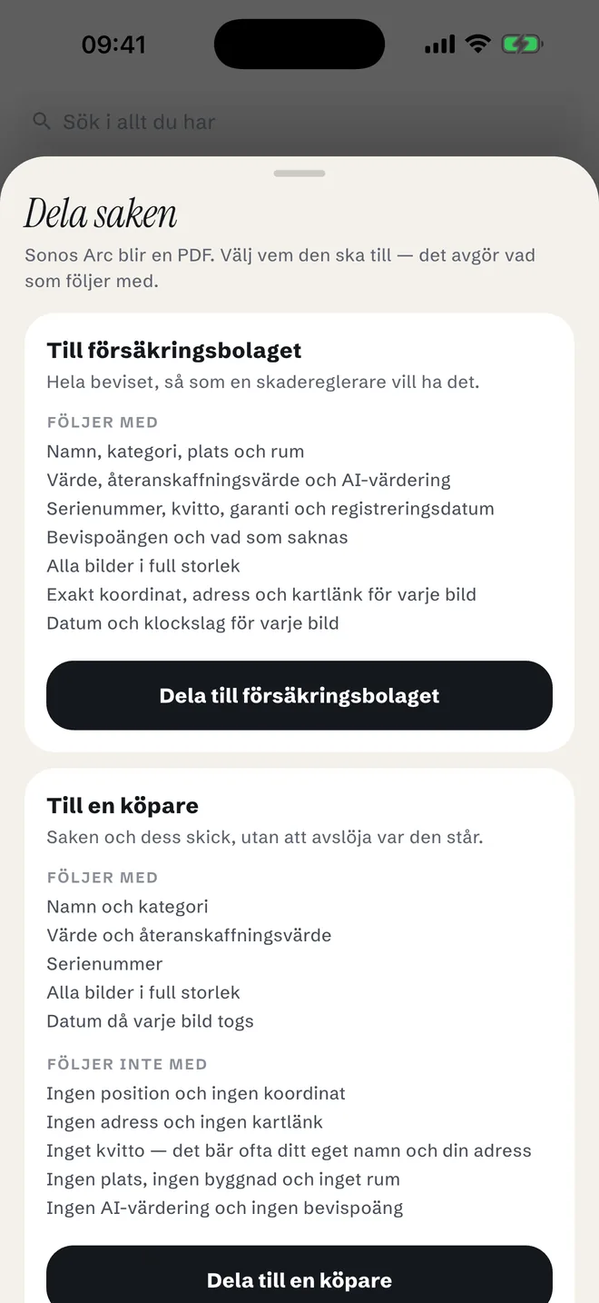 Delningsarket i appen: två val, Till försäkringsbolaget och Till en köpare, där varje val listar i ord vad som följer med dokumentet och vad som inte gör det.