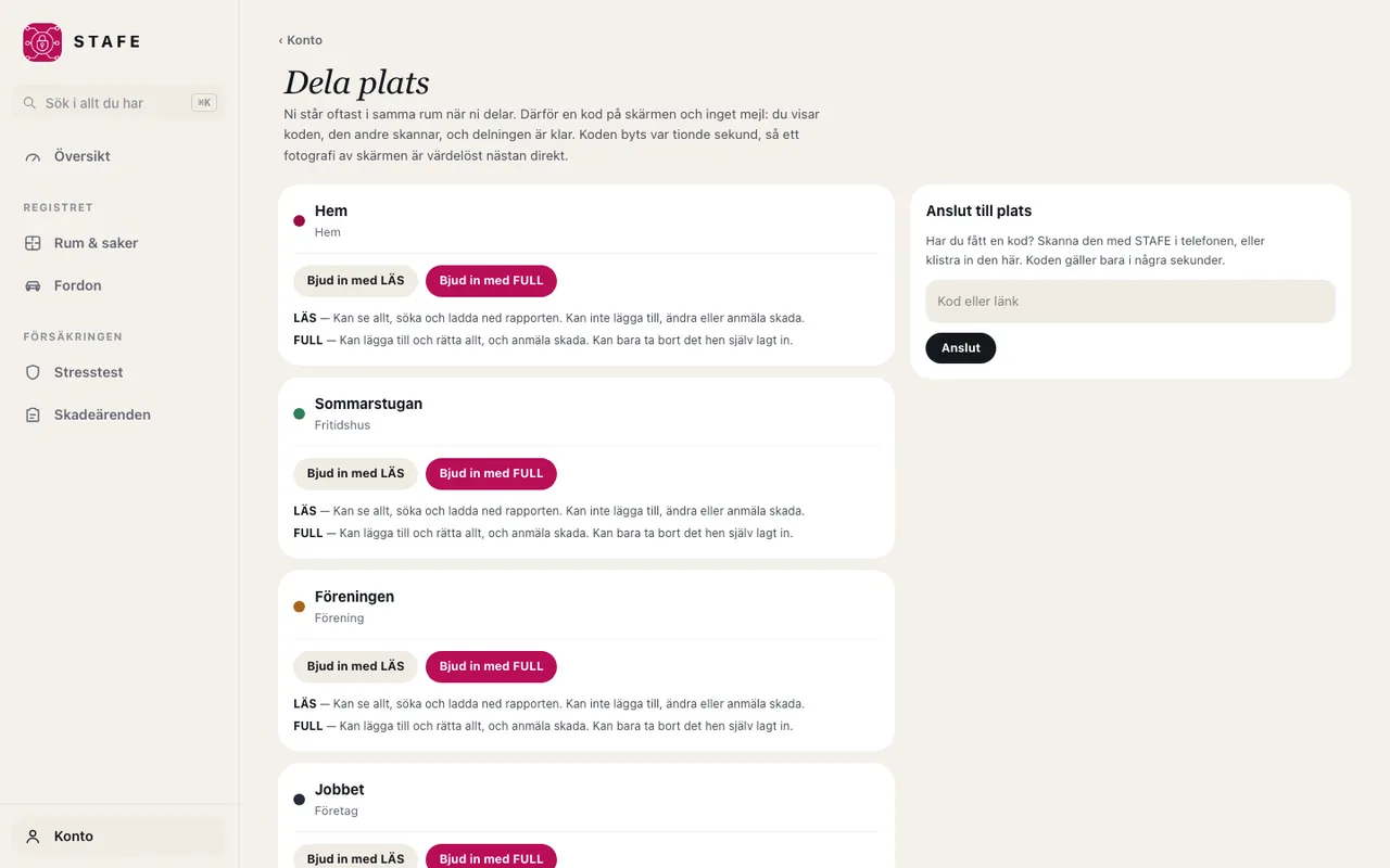 Dela plats på webben: varje plats har två knappar, Bjud in med LÄS och Bjud in med FULL, med rollerna förklarade under, och ett fält för att ansluta till en plats med en kod.