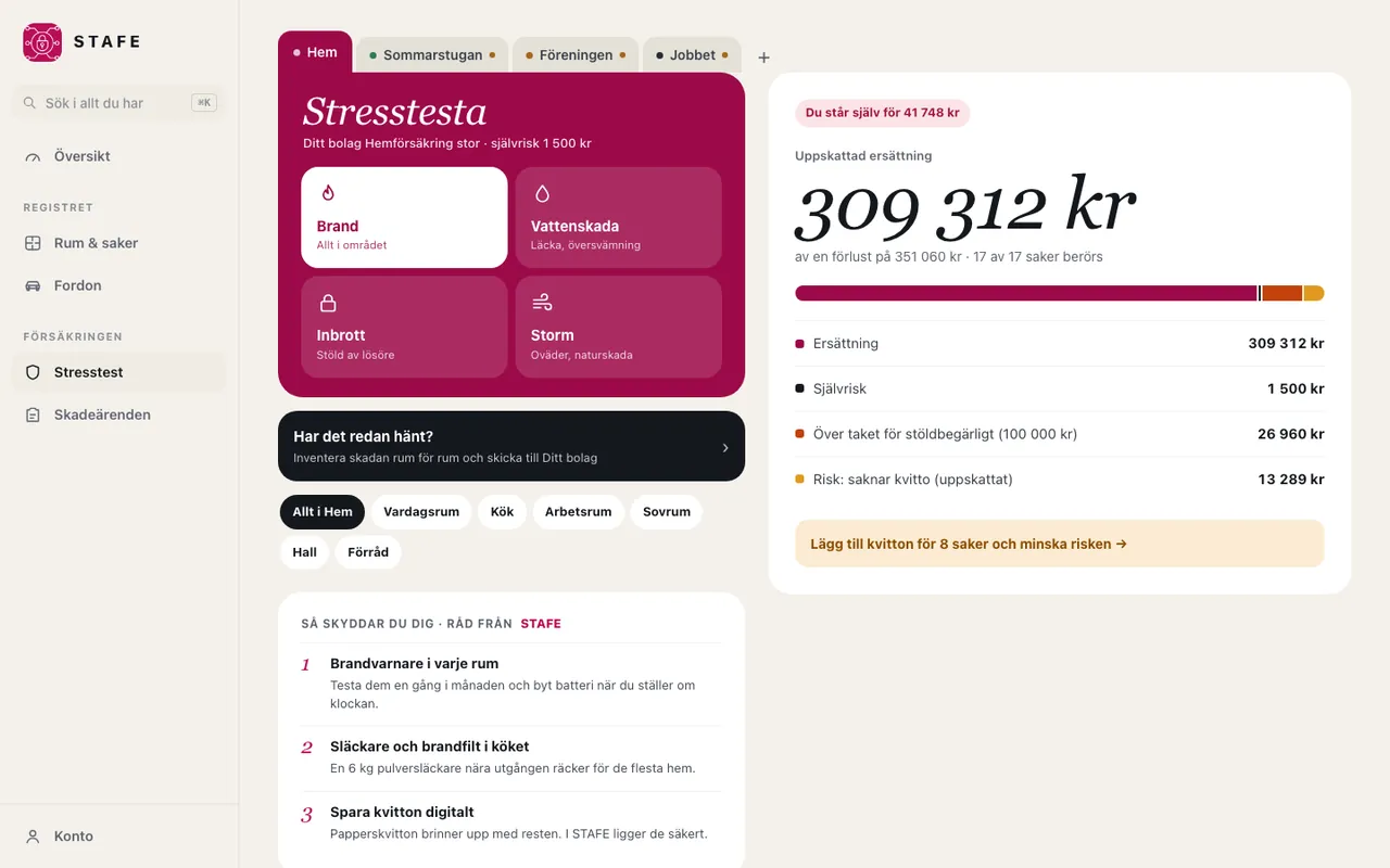 Stresstestet på datorn: valen brand, vattenskada, inbrott och storm, och till höger uppskattad ersättning 309 312 kr med raderna ersättning, självrisk, över taket för stöldbegärligt och risk för saknade kvitton.